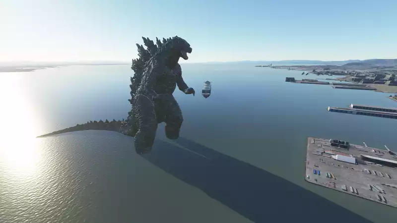 Godzilla appears in Microsoft Flight Simulator.