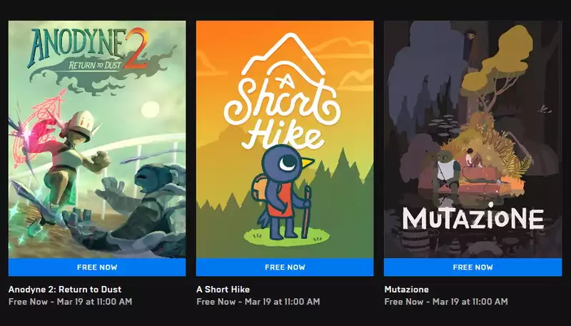 Anodyne 2," "A Short Hike," and "Mutazione" are now available for free on the Epic Games Store.